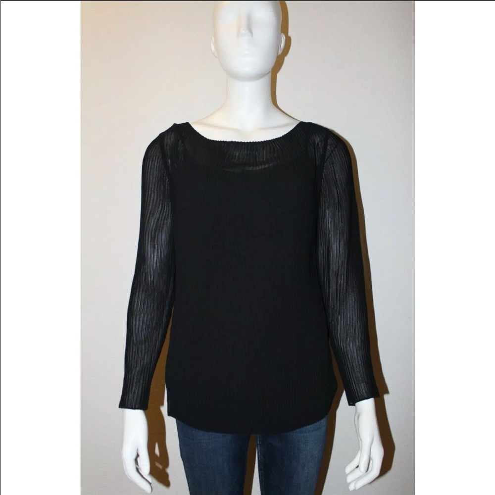 Eileen Fisher Black Boat Neck Pleated Top Medium